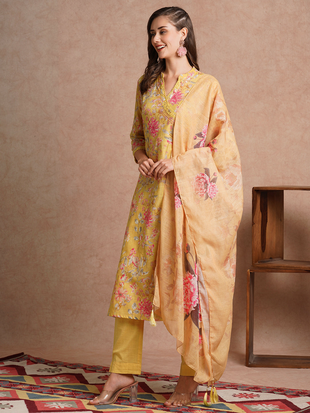 Floral Foil Printed & Embroidered A-Line Kurta with Pant and Dupatta - Yellow