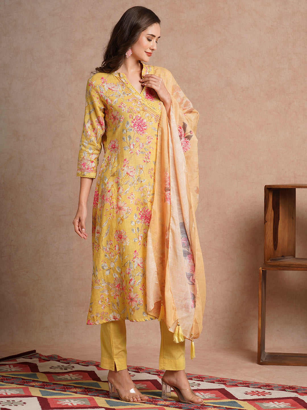 Floral Foil Printed & Embroidered A-Line Kurta with Pant and Dupatta - Yellow