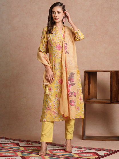 Floral Foil Printed & Embroidered A-Line Kurta with Pant and Dupatta - Yellow