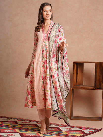 Floral Printed & Embroidered A-Line Paneled Kurta with Pant & Dupatta - Peach