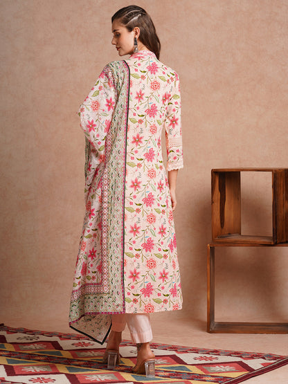 Floral Printed & Embroidered A-Line Paneled Kurta with Pant & Dupatta - Peach