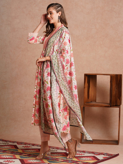 Floral Printed & Embroidered A-Line Paneled Kurta with Pant & Dupatta - Peach