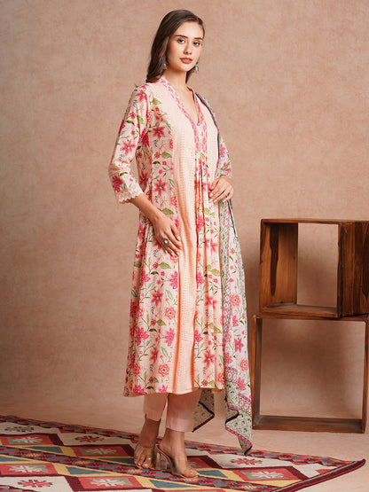 Floral Printed & Embroidered A-Line Paneled Kurta with Pant & Dupatta - Peach