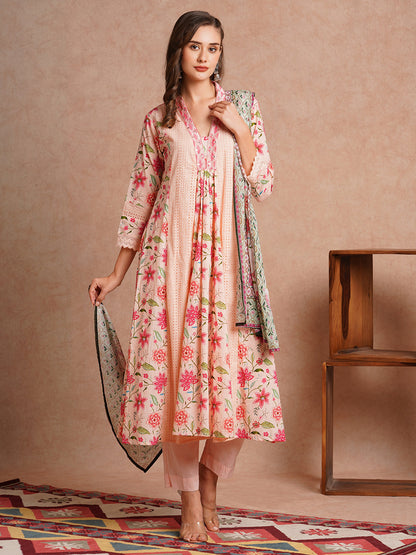 Floral Printed & Embroidered A-Line Paneled Kurta with Pant & Dupatta - Peach