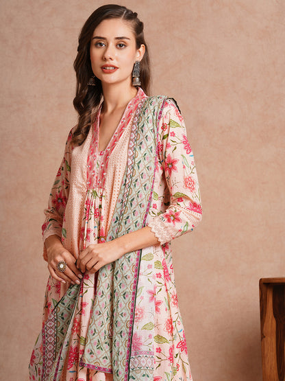 Floral Printed & Embroidered A-Line Paneled Kurta with Pant & Dupatta - Peach