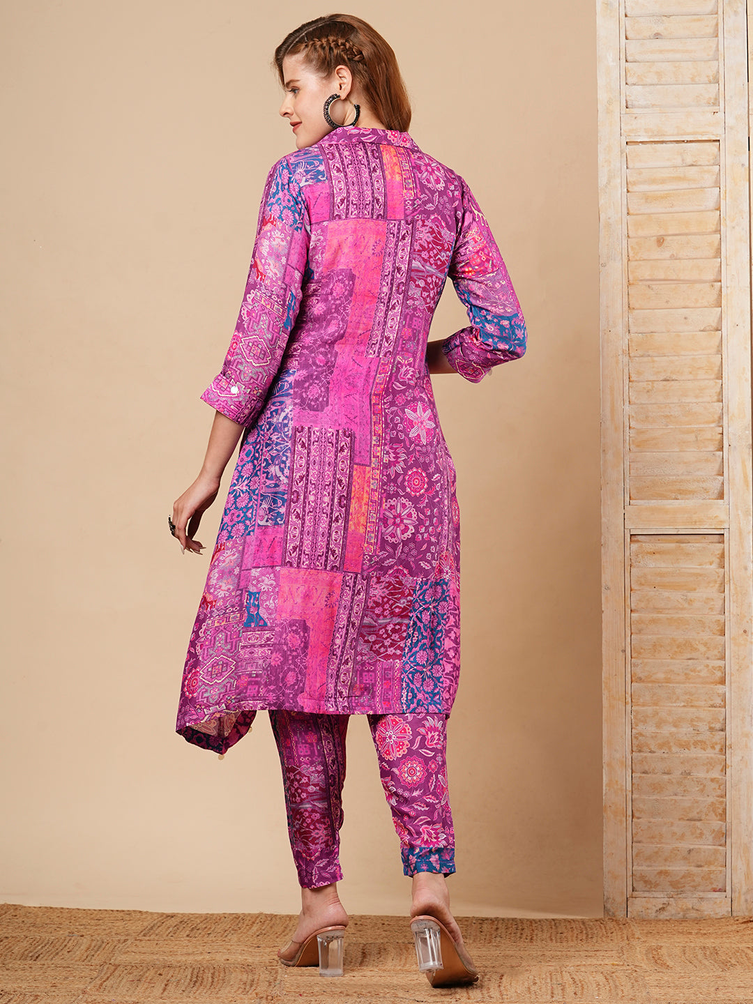 Ethnic Geometric Printed A-Line Co-ord Set - Purple