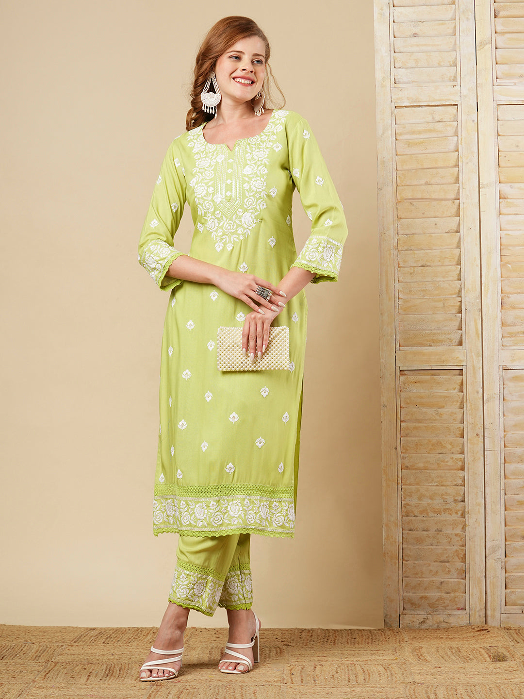 Floral Chikankari Embroidered Straight Fit Co-ord Set - Green