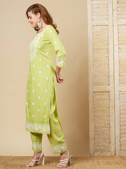 Floral Chikankari Embroidered Straight Fit Co-ord Set - Green