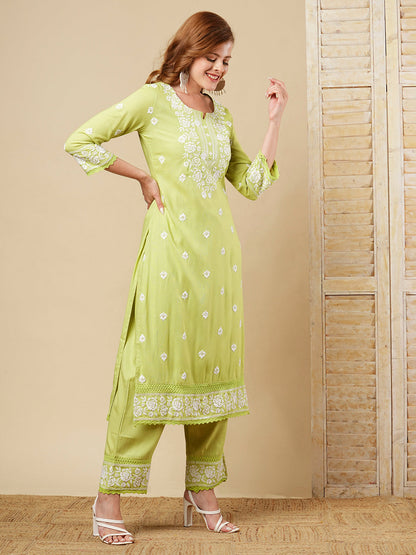 Floral Chikankari Embroidered Straight Fit Co-ord Set - Green