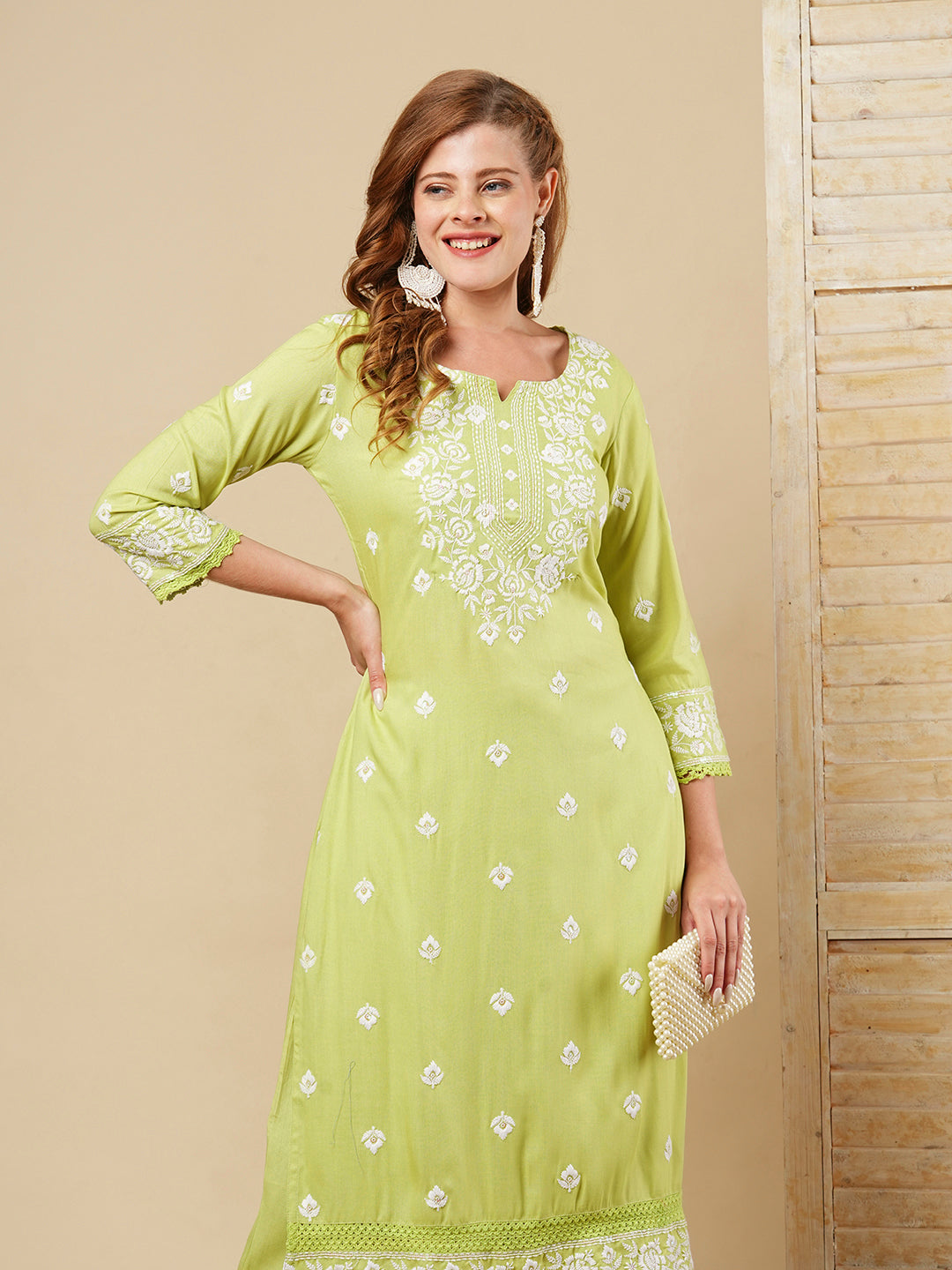 Floral Chikankari Embroidered Straight Fit Co-ord Set - Green