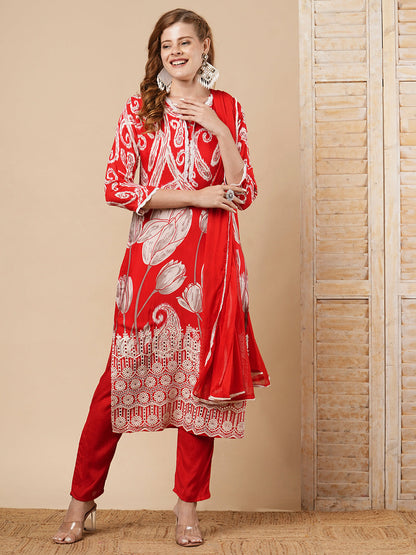 Ethnic Ikat Printed & Schiffli Embroidered Straight Kurta with Pant & Dupatta - Red