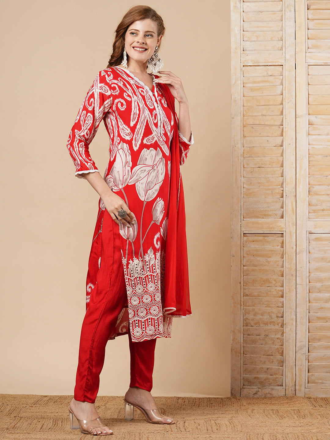 Ethnic Ikat Printed & Schiffli Embroidered Straight Kurta with Pant & Dupatta - Red