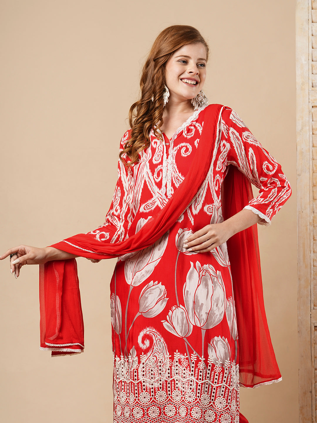 Ethnic Ikat Printed & Schiffli Embroidered Straight Kurta with Pant & Dupatta - Red