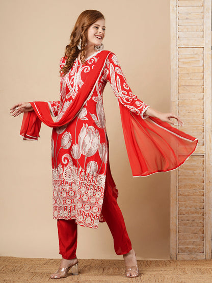 Ethnic Ikat Printed & Schiffli Embroidered Straight Kurta with Pant & Dupatta - Red