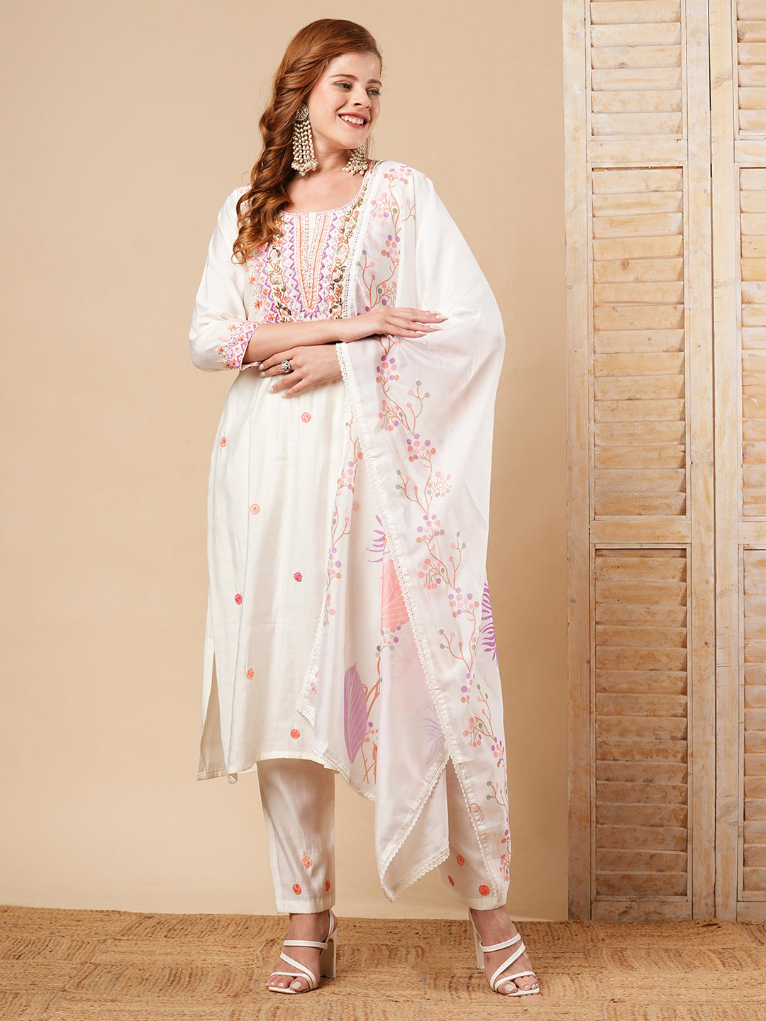 Floral Hand Embroidered Straight Fit Kurta with Pant and Printed Dupatta - White