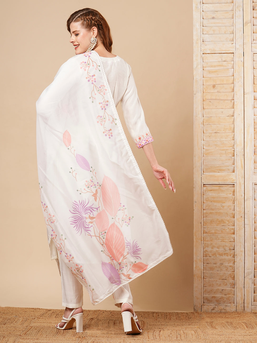 Floral Hand Embroidered Straight Fit Kurta with Pant and Printed Dupatta - White