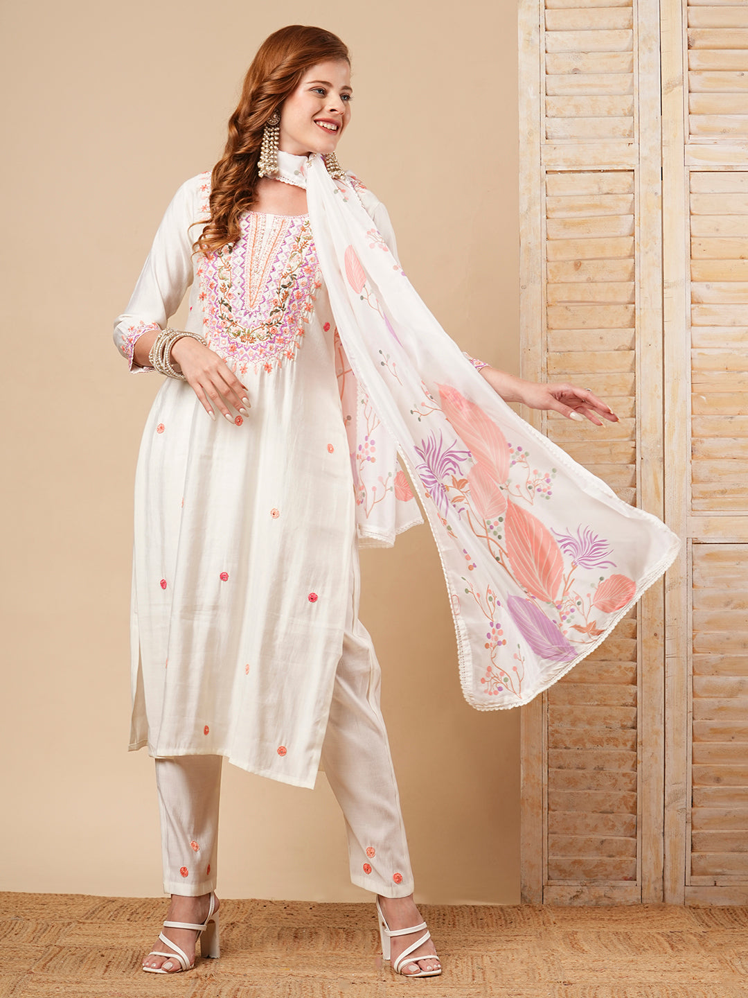 Floral Hand Embroidered Straight Fit Kurta with Pant and Printed Dupatta - White