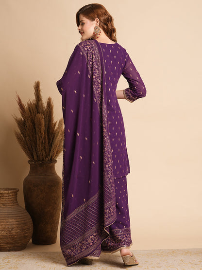 Ethnic Floral Printed & Hand Embroidered Kurta with Palazzo & Dupatta - Purple