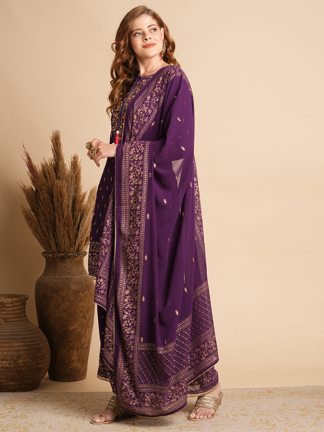 Ethnic Floral Printed & Hand Embroidered Kurta with Palazzo & Dupatta - Purple