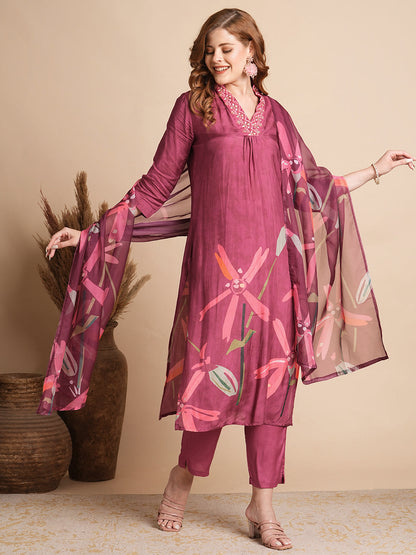 Floral Printed & Embroidered Straight Fit Kurta with Pant & Dupatta - Magenta