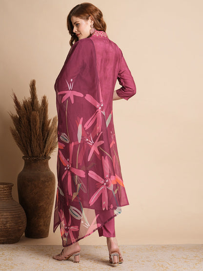 Floral Printed & Embroidered Straight Fit Kurta with Pant & Dupatta - Magenta