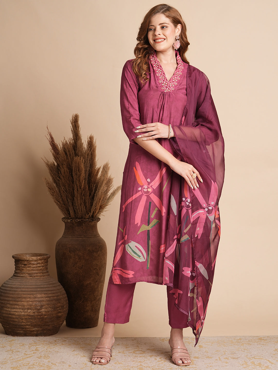 Floral Printed & Embroidered Straight Fit Kurta with Pant & Dupatta - Magenta