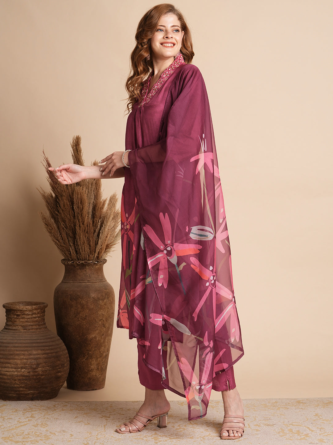 Floral Printed & Embroidered Straight Fit Kurta with Pant & Dupatta - Magenta