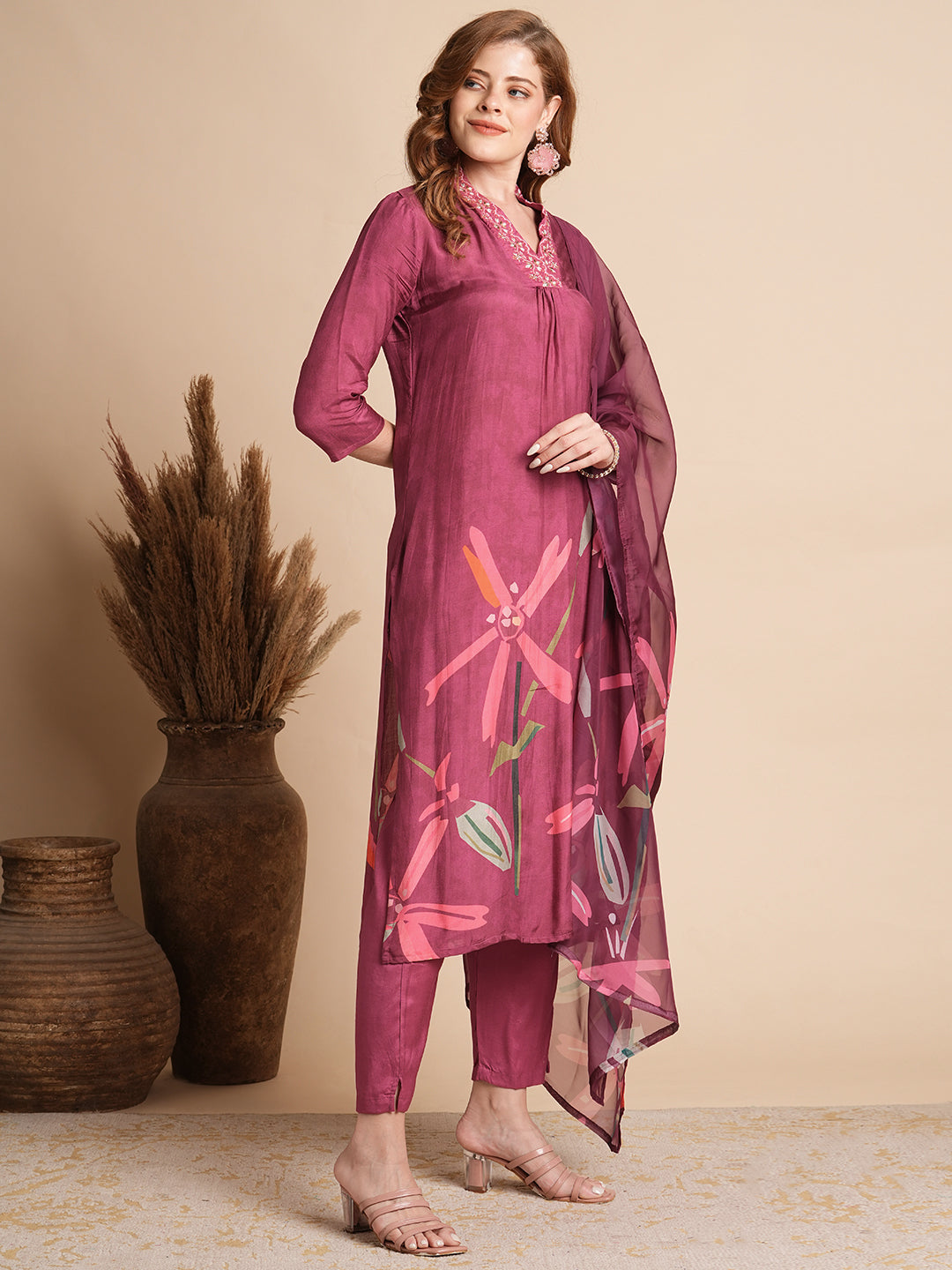 Floral Printed & Embroidered Straight Fit Kurta with Pant & Dupatta - Magenta