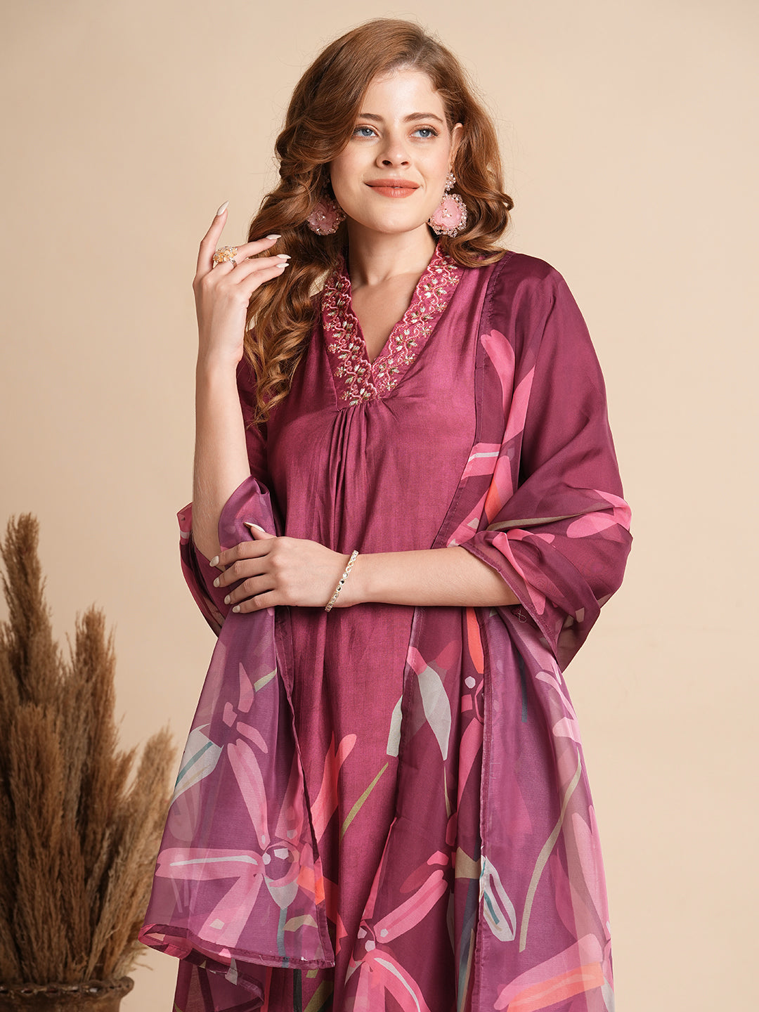 Floral Printed & Embroidered Straight Fit Kurta with Pant & Dupatta - Magenta