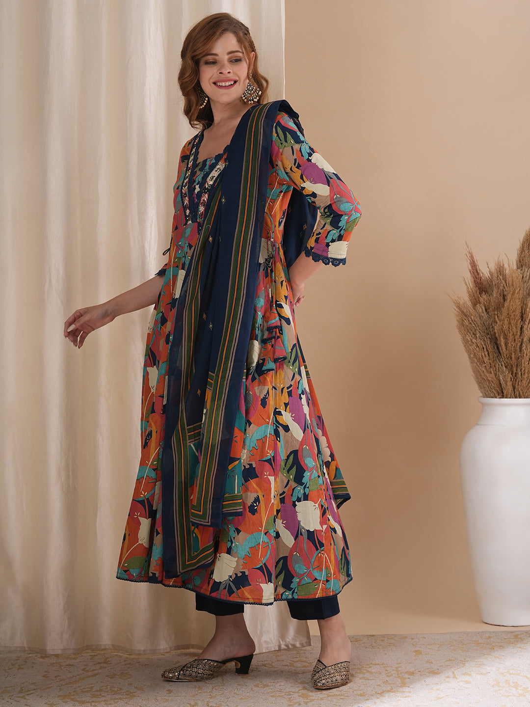 Abstract Floral Printed & Embroidered Anarkali Kurta with Pant & Dupatta - Multi