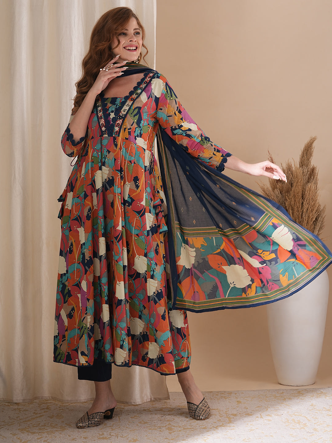 Abstract Floral Printed & Embroidered Anarkali Kurta with Pant & Dupatta - Multi