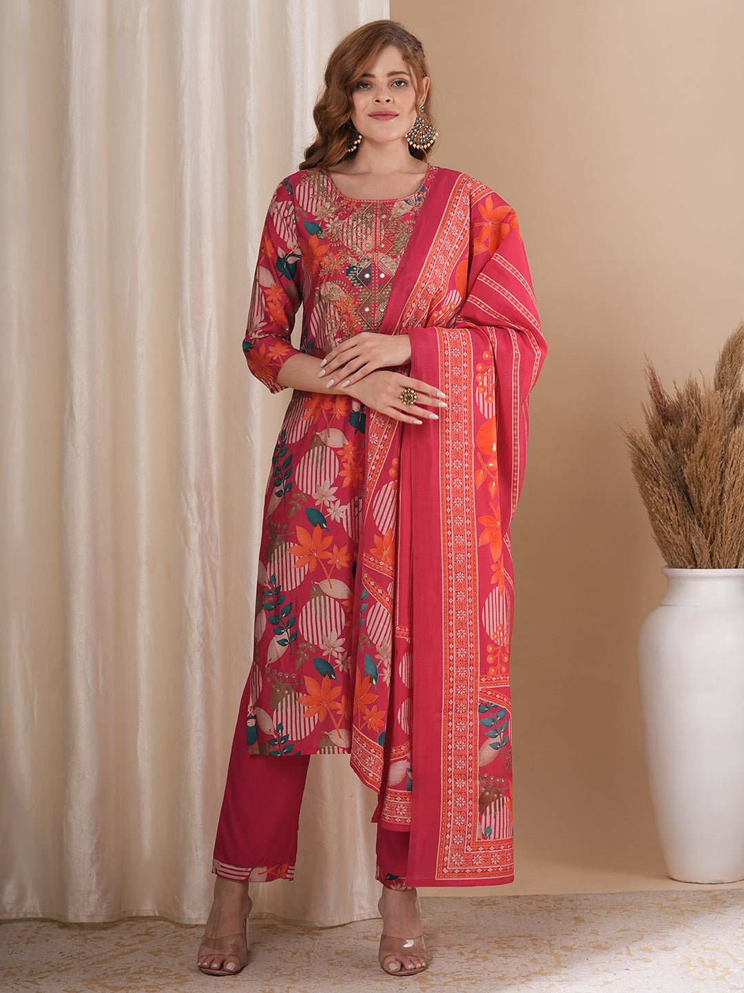 Abstract Floral Printed Straight Kurta with Pant & Dupatta - Pink