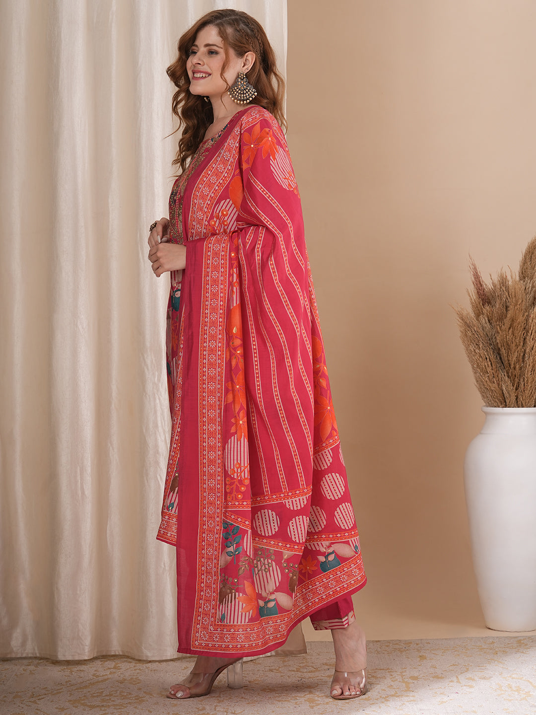 Abstract Floral Printed Straight Kurta with Pant & Dupatta - Pink