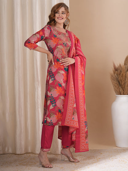 Abstract Floral Printed Straight Kurta with Pant & Dupatta - Pink