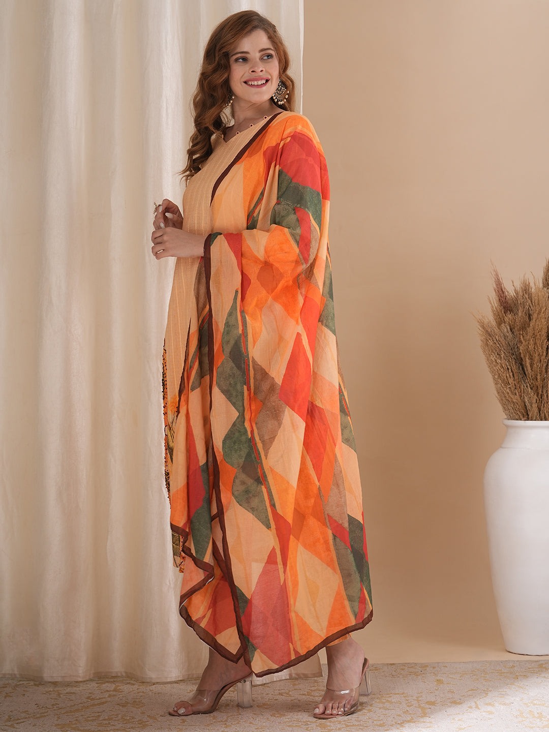 Floral Printed & Hand Embroidered Straight Fit Kurta with Pant and Dupatta - Coral