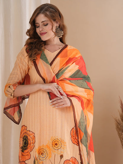 Floral Printed & Hand Embroidered Straight Fit Kurta with Pant and Dupatta - Coral