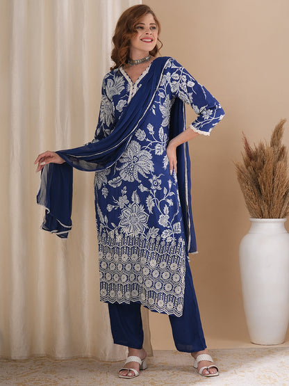 Ethnic Ikat Printed & Schiffli Embroidered Straight Kurta with Pant & Dupatta - Blue