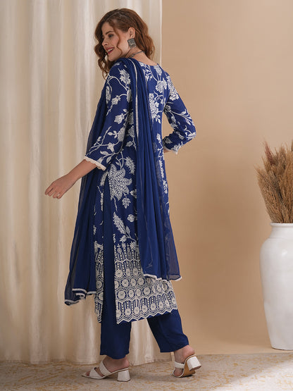 Ethnic Ikat Printed & Schiffli Embroidered Straight Kurta with Pant & Dupatta - Blue