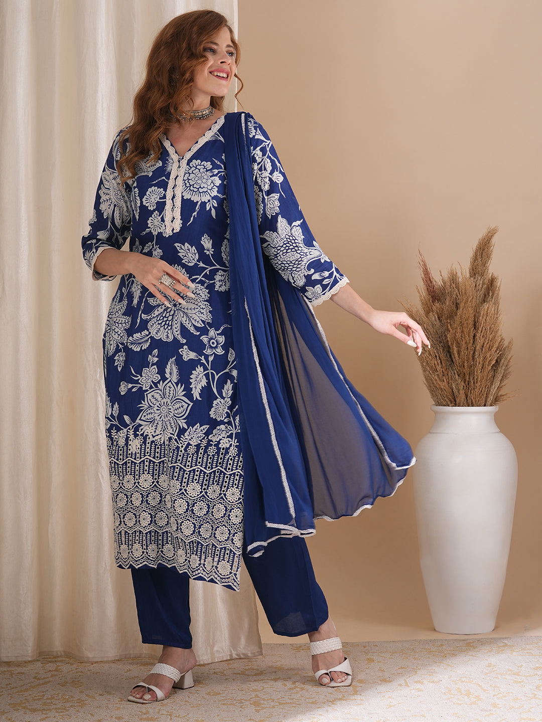 Ethnic Ikat Printed & Schiffli Embroidered Straight Kurta with Pant & Dupatta - Blue