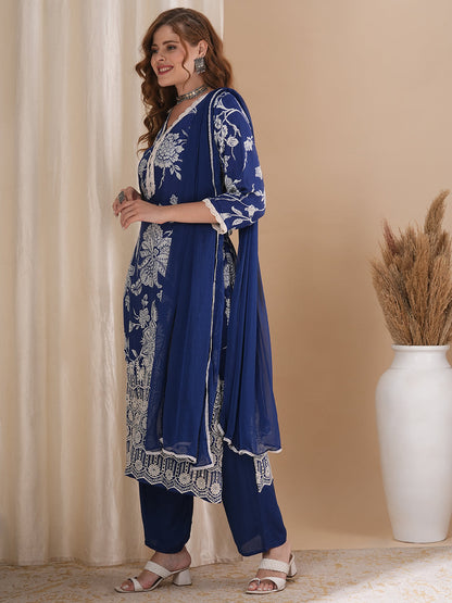 Ethnic Ikat Printed & Schiffli Embroidered Straight Kurta with Pant & Dupatta - Blue