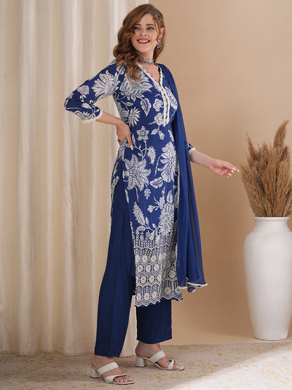 Ethnic Ikat Printed & Schiffli Embroidered Straight Kurta with Pant & Dupatta - Blue