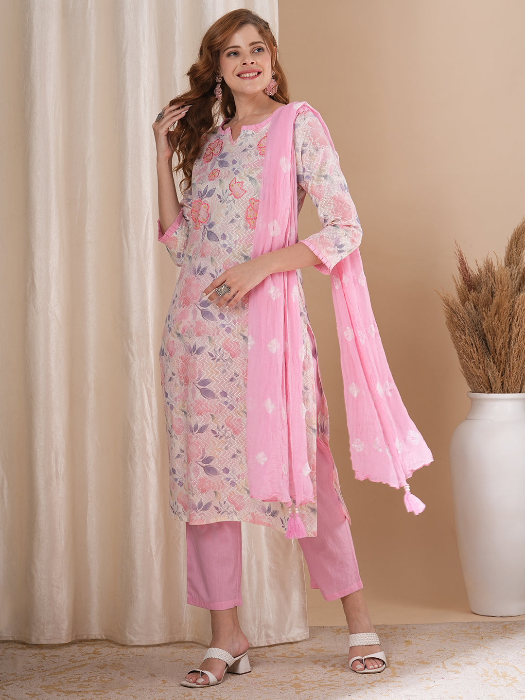 Floral Printed & Embroidered Straight Fit Kurta with Pant and Dupatta - Off White