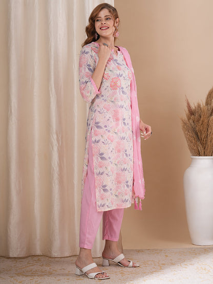 Floral Printed & Embroidered Straight Fit Kurta with Pant and Dupatta - Off White