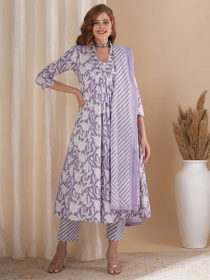 Floral Printed & Embroidered A-Line Paneled Kurta with Pant and Pure Cotton Dupatta - Lavender