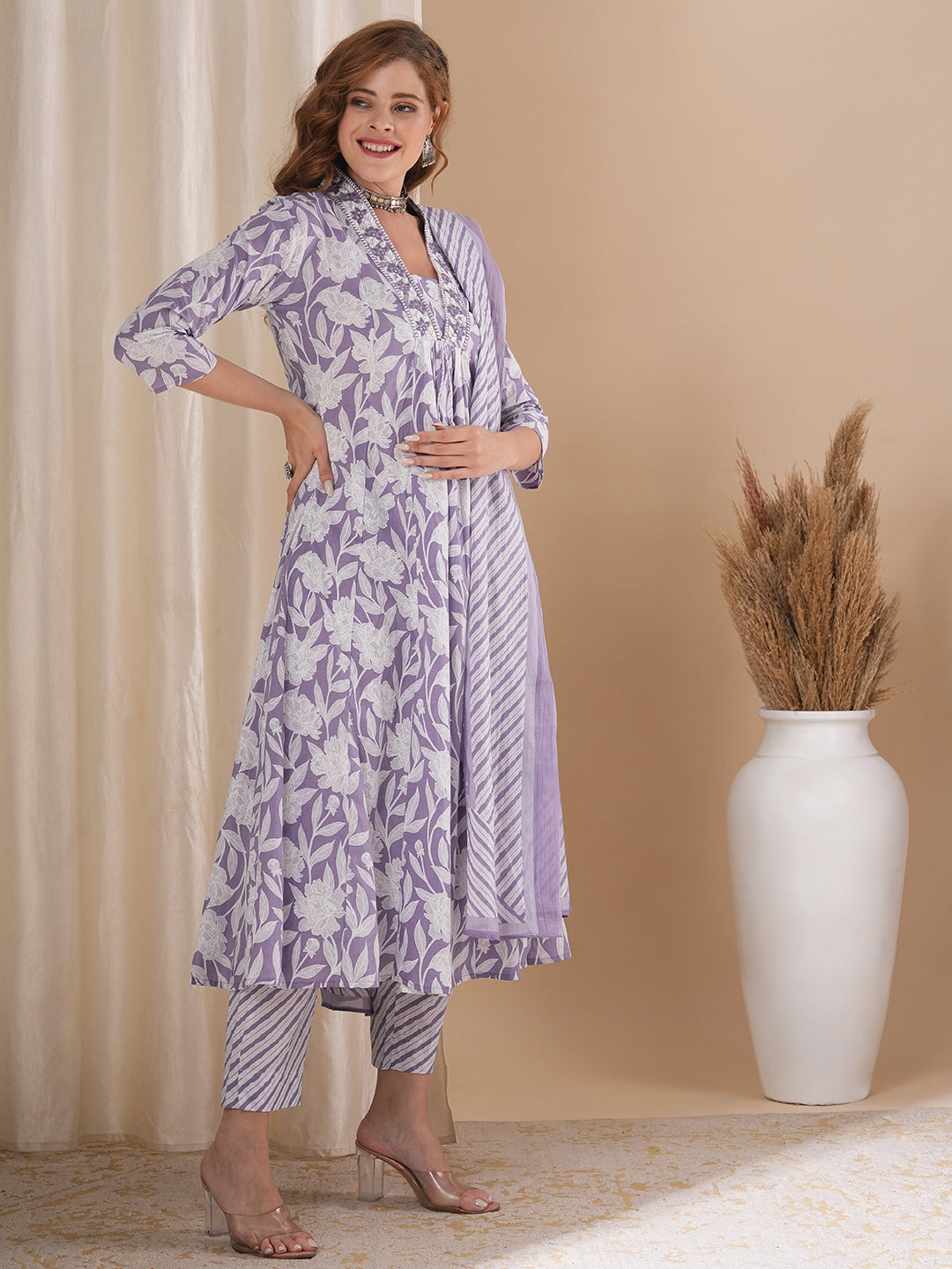 Floral Printed & Embroidered A-Line Paneled Kurta with Pant and Pure Cotton Dupatta - Lavender