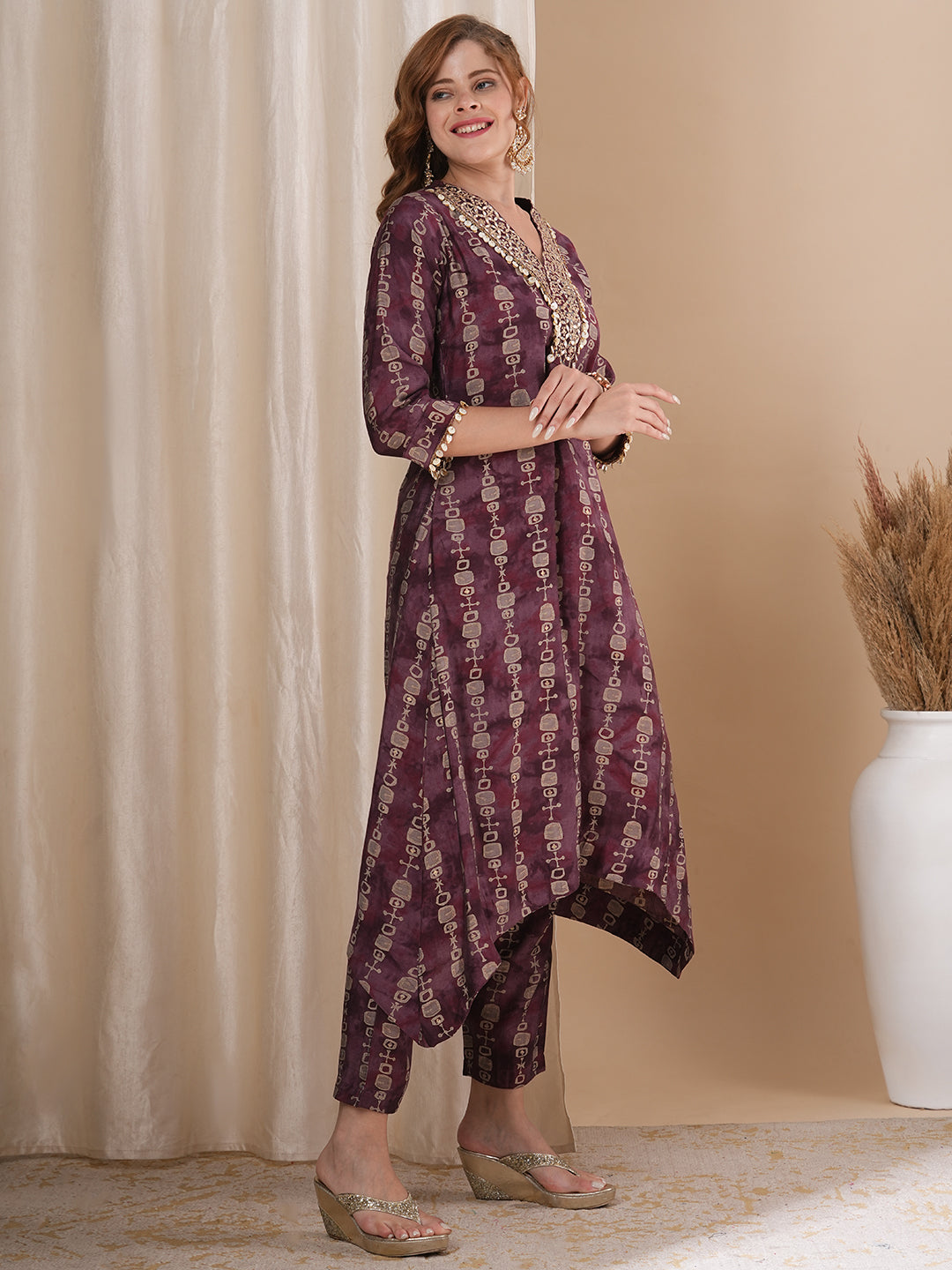 Ethnic Stripes Foil Printed & Embroidered A-Line Co-ord Set - Burgundy