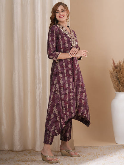 Ethnic Stripes Foil Printed & Embroidered A-Line Co-ord Set - Burgundy