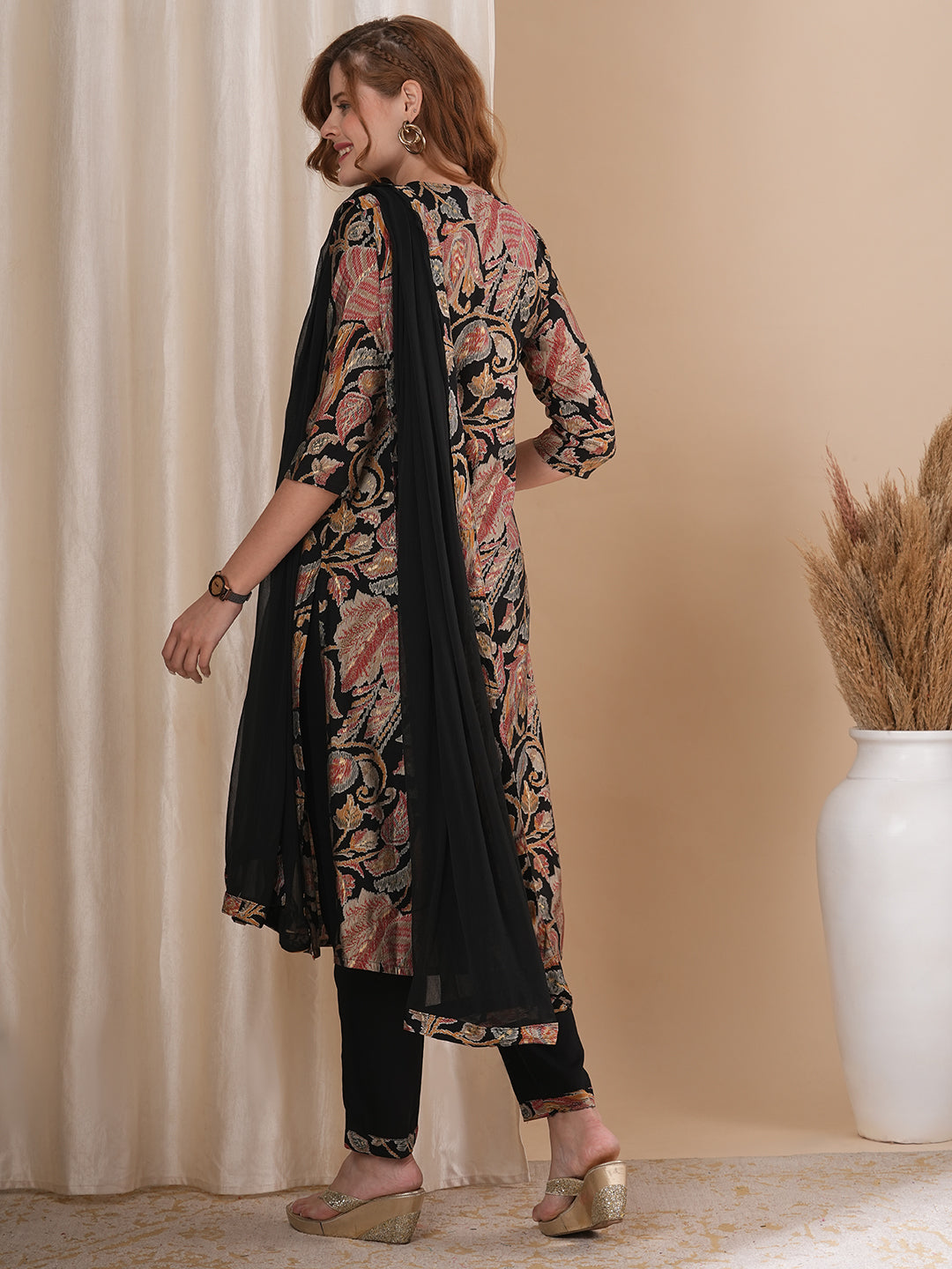 Abstract Floral Printed & Embroidered Straight Kurta with Pant & Dupatta - Black