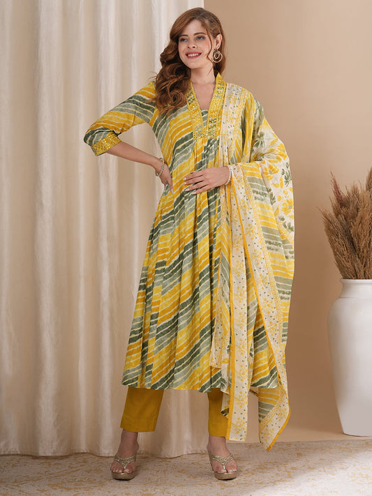 Ethnic Printed & Embroidered A-Line Paneled Kurta with Pant and Dupatta - Mutli