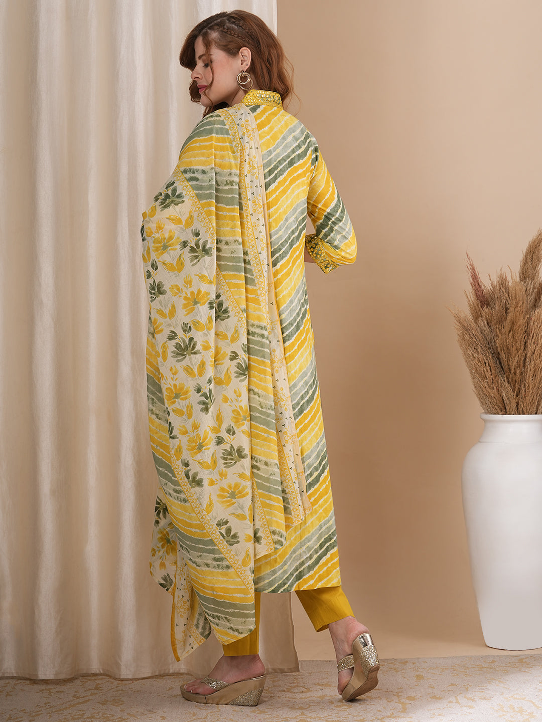 Ethnic Printed & Embroidered A-Line Paneled Kurta with Pant and Dupatta - Mutli